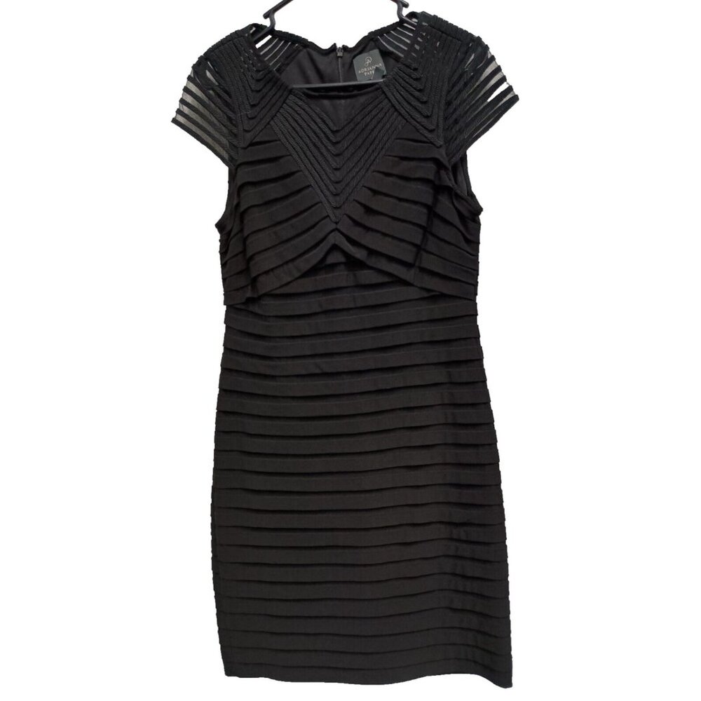 Adrianna Papell Womens Sheath Dress Size 10 Black Shutter Pleat Illusion Evening